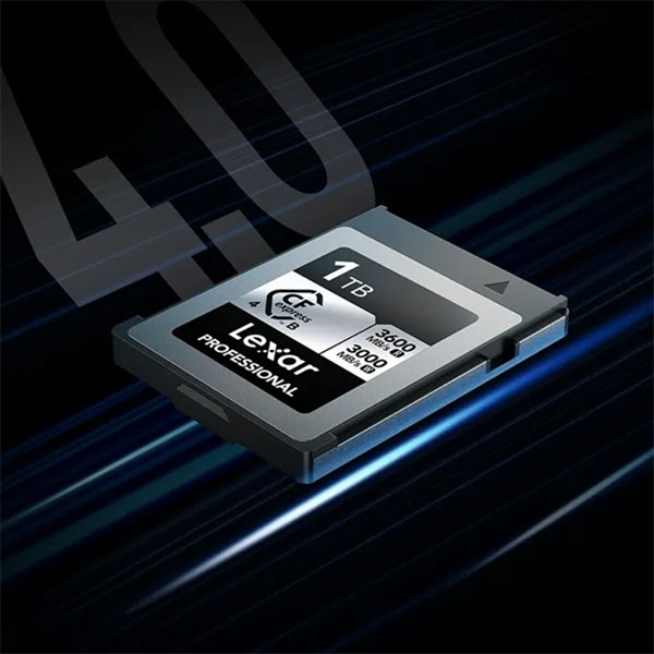 angled view of a Lexar Professional Silver CFexpress 4.0 Type B Memory Card