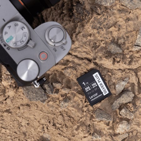 sdxc card next to camera on rocky surface