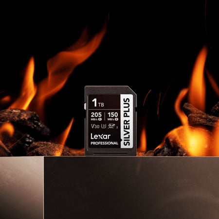 sdxc card in front of a fire