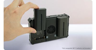 Magewell Director Mini with two NP-F Batteries being attached to the rear mounts