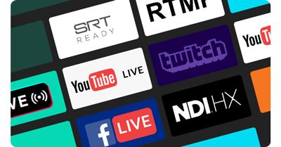 YouTube, Twitch, Facebook Live, NDI HX, SRT Ready, TikTok Logos in a grid