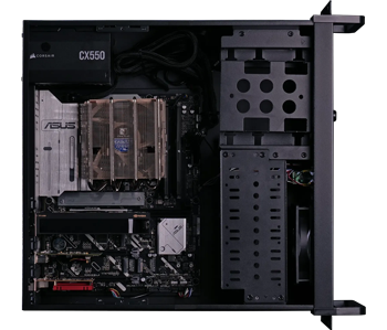 top down view of MMG AXIS system internals showing ASUS motherboard and NVIDIA GPU