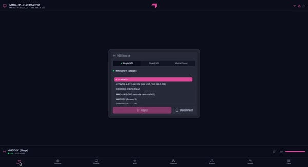 UI for the NDI decoder and USB media player controlling different sources