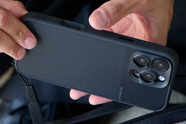 close up of a phone in the moment case showing full button functionality
