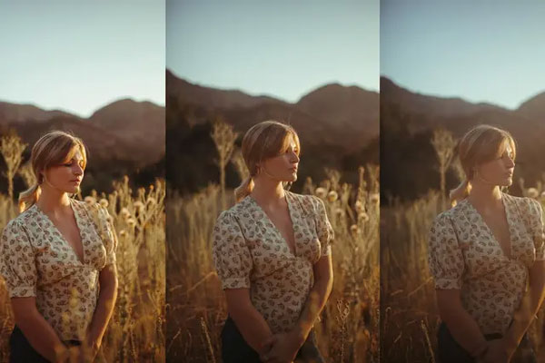 comparsion image of a woman in a field showing teh 5% 10% and 20% diffusion filters