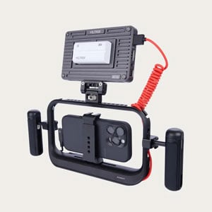 Moment SuperCage Rig with iPhone 17 lens filter, side handles and Viltrox Video Monitor
