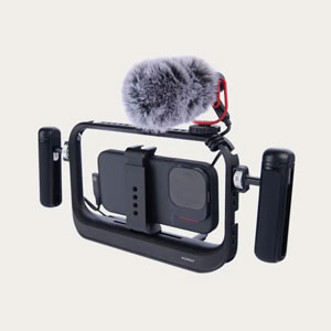 Moment SuperCage Rig with iPhone 17 lens filter, side handles and shotgun microphone