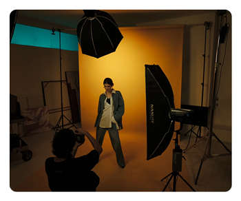 a woman in a photo studio lit with the nanlite fc 500c
