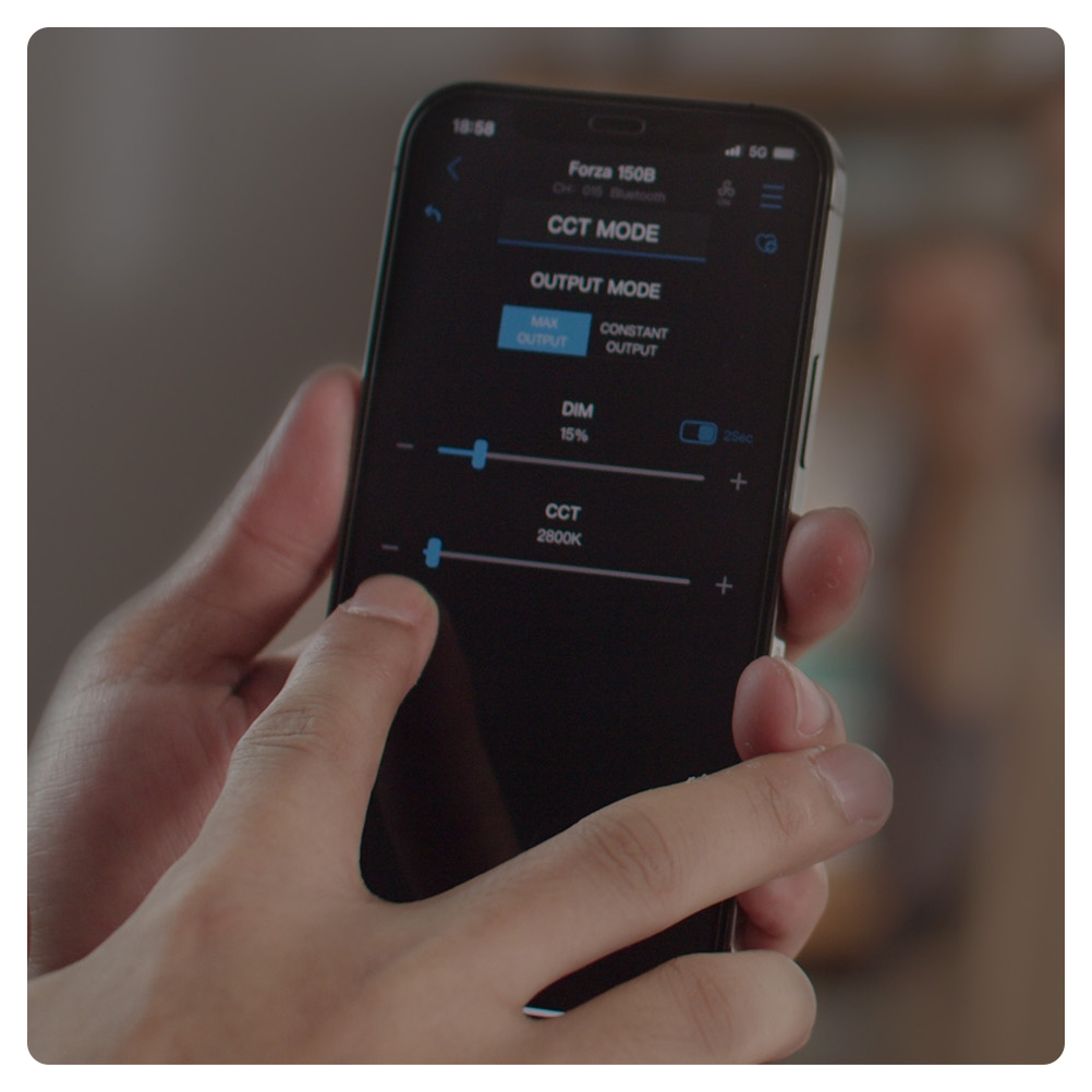 nanlink app in use on a phone to control the nanlite forza 150 b