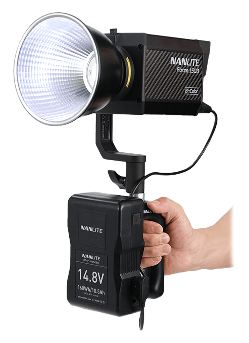 nanlite forza 150 b with v-mpunt battery grip and battery attached