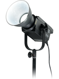 Front angled view of the Nanlite FS-150B with bright white light and reflector 