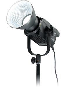 Front angled view of the Nanlite FS-150B with bright white light and reflector 