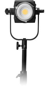 Straight front view of Nanlite FS200B without light modifier mounted to light stand