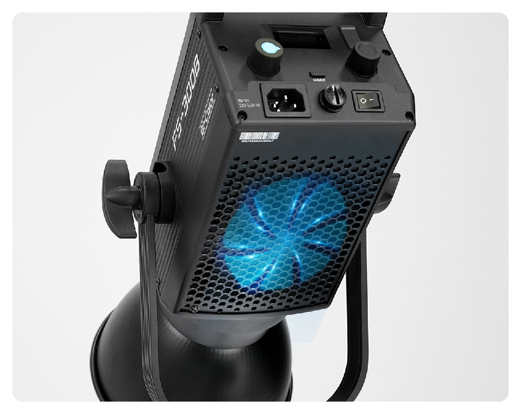 rear view of the nanlite fs 300b showing the cooler fan