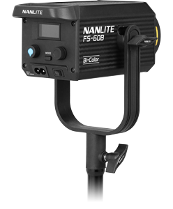 rear angled view of Nanlite FS-60B LED spotlight showing rear controls and lcd screen