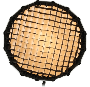 Large softbox with grid front on view with warm orange light