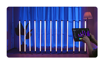 someone adjusting a row of nanlite pavotube light using thee nanlite app