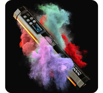 photograph of nanlite pavotube ii 6c on black background surrounded by coloured smoke