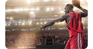 image of male basketball player throwing the ball overhand with a packed stadium backdrop