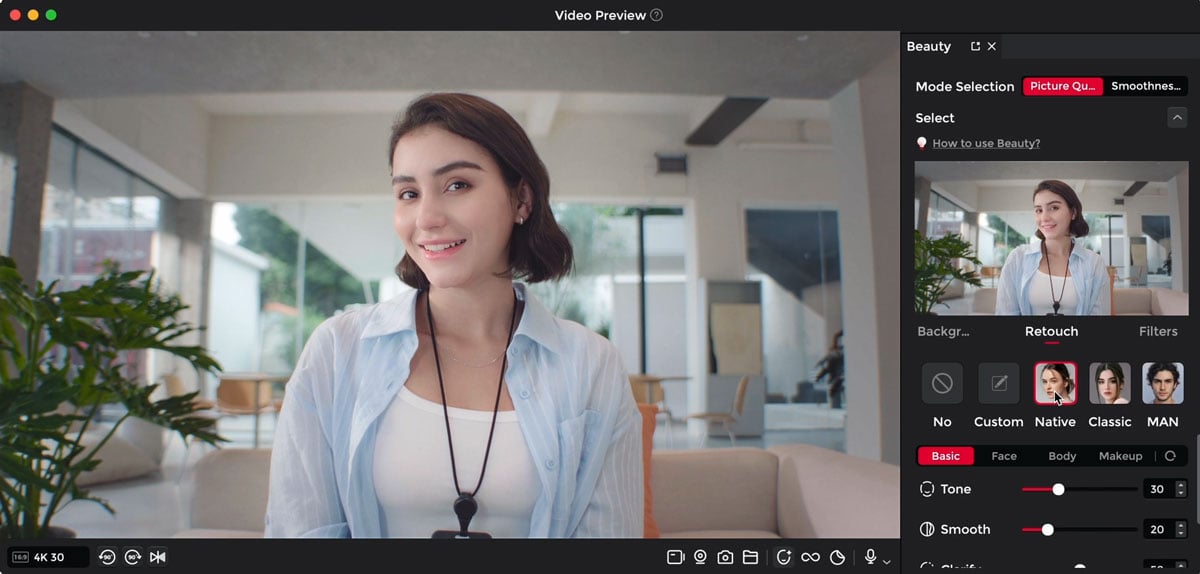 obsbot meet flip beauty mode interface