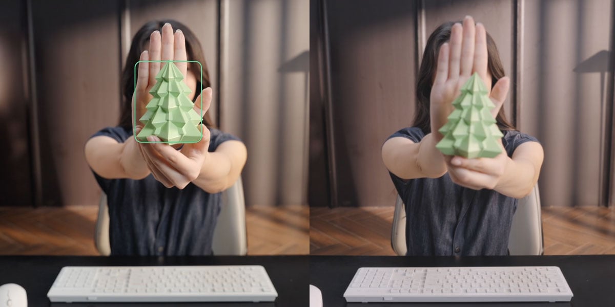 side by side comparison of someone holding up a tree model to the obsbot meet flip compared with other webcams