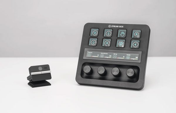 elagto stream deck and obsbot meet flip on a white desk