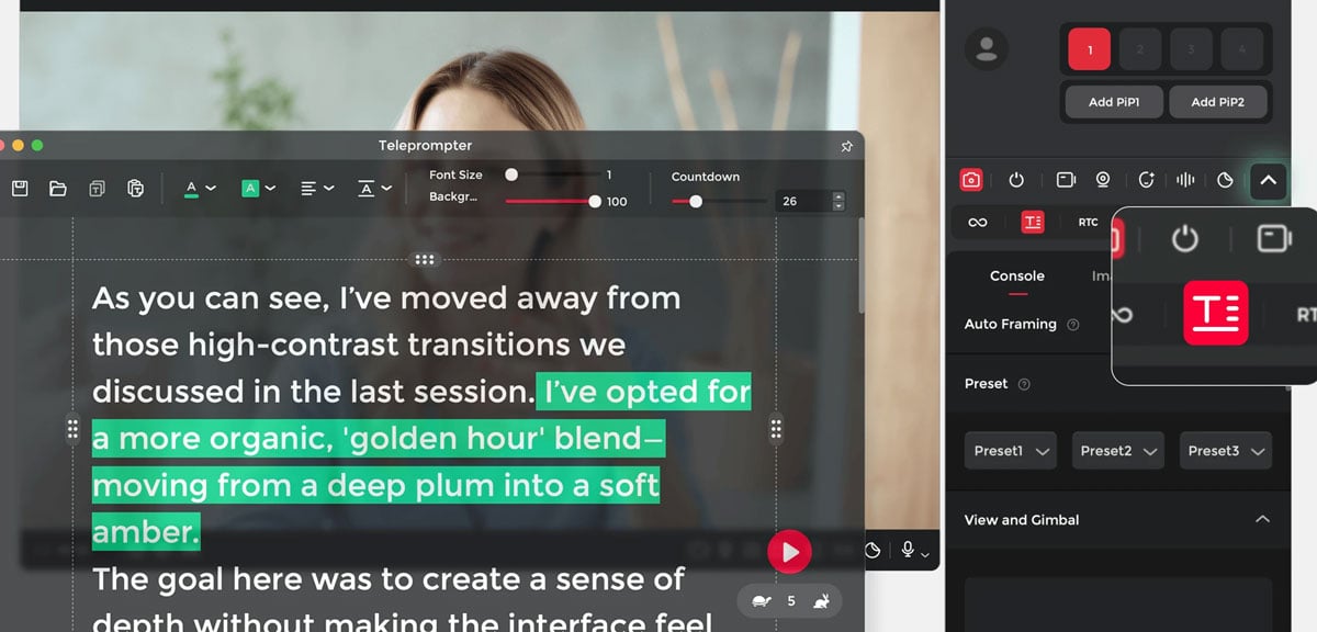 obsbot meet flip teleprompter interface