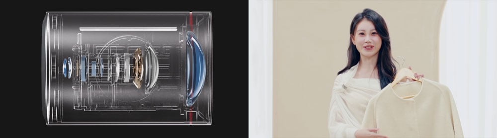 x ray image of the ptz camera lens zooming in besides a zoomed in image of a woman holding a top on a hanger
