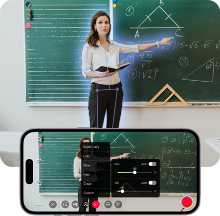 teacher being tracked using the ptz camera with the interface below on a smartphone