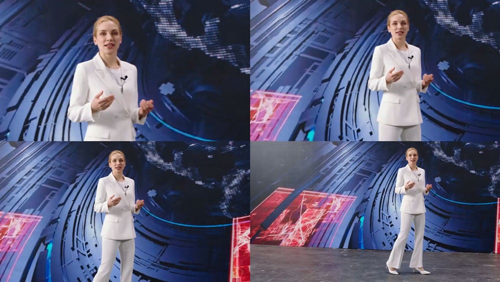 4 different frmaing options of a woman in front of a green screen using a sci-fi background