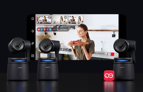obsbot live interfacee with three ptz cameras sat in front of it