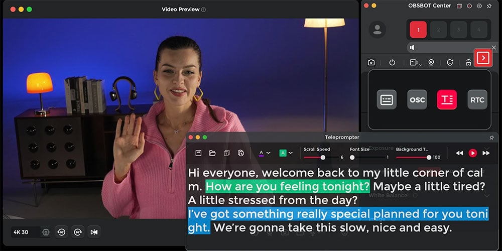 obsbot tiny teleprompter interface