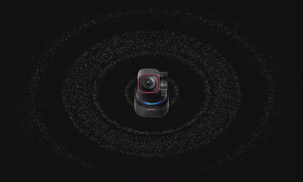 obsbot tiny with soundwaves on a black background
