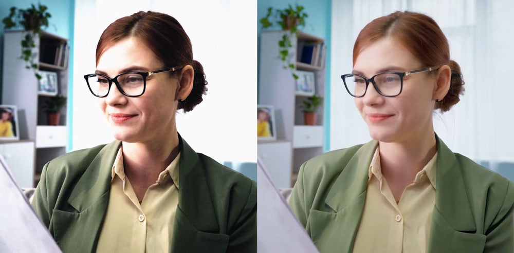 side by side image of a woman in a office comparing the hdr of the obsbot tiny se and other webcams