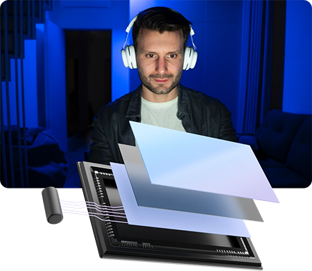 high iso example of a streamer in a dark room while wearing a headset