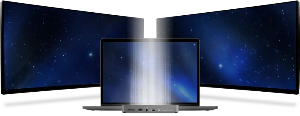 thunderbolt dock connected to a laptop and monitors