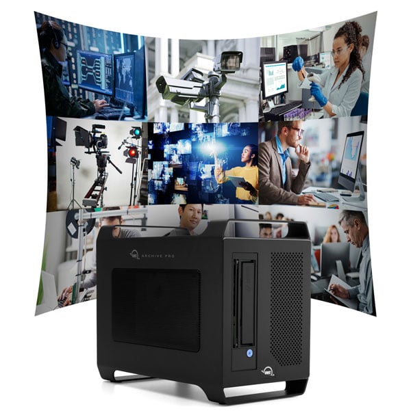 angled view of the owc archive pro with different industry use cases behind it