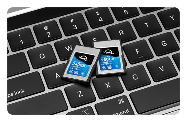 OWC Atlas Pro CFexpress cards on a keyboard