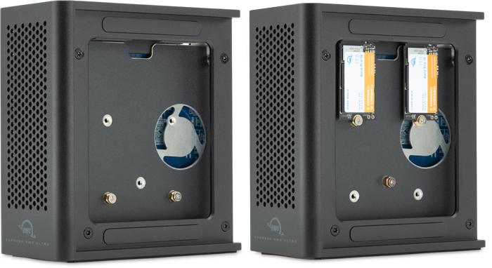 OWC Express 4M2 Ultra Thunderbolt 5 NVMe SSD RAID enclosure side-by-side comparison showing empty drive bay and installed NVMe M.2 SSD modules with cooling fan