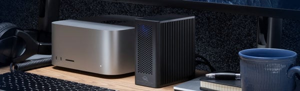 OWC external NVMe SSD RAID storage arrays and desktop hub network on a workspace