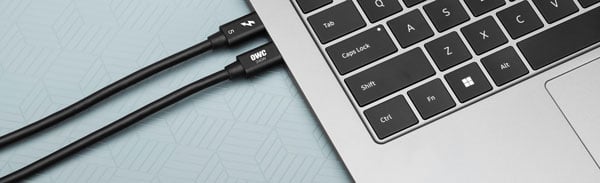 Two black USB-C cables plugged into the side ports of a silver laptop