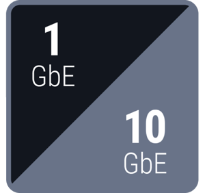 Rounded split square icon showing 1Gbe and 10GbE connectivity