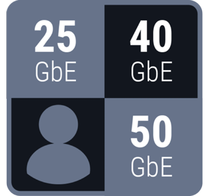 Rounded split square icon showing 25/40/50GbE Connectivity