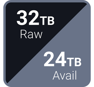 Rounded split square icon showing 32tb Raw and 24tb availability capacity