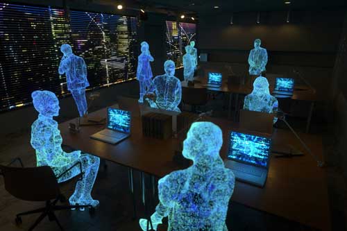 Group of workers represented as data in modern office building