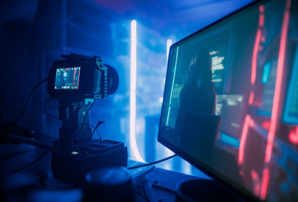 behind the camera view of a film set dit cart