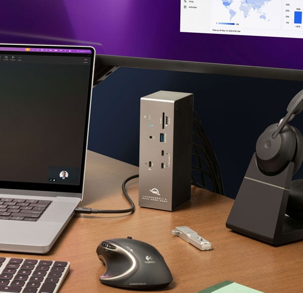 OWC Thunderbolt 5 Dock charging on a desk
