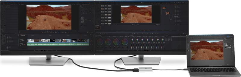 laptop connected to the OWC usb c adapter and monitors
