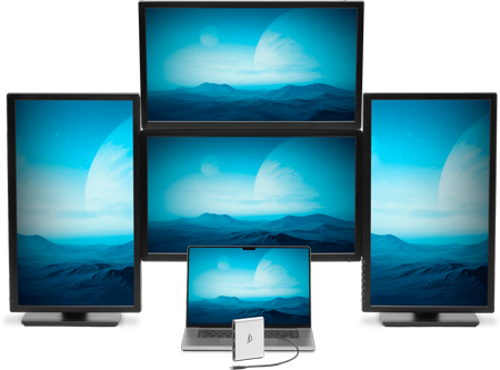 laptop connected to the OWC usb c adapter and monitors