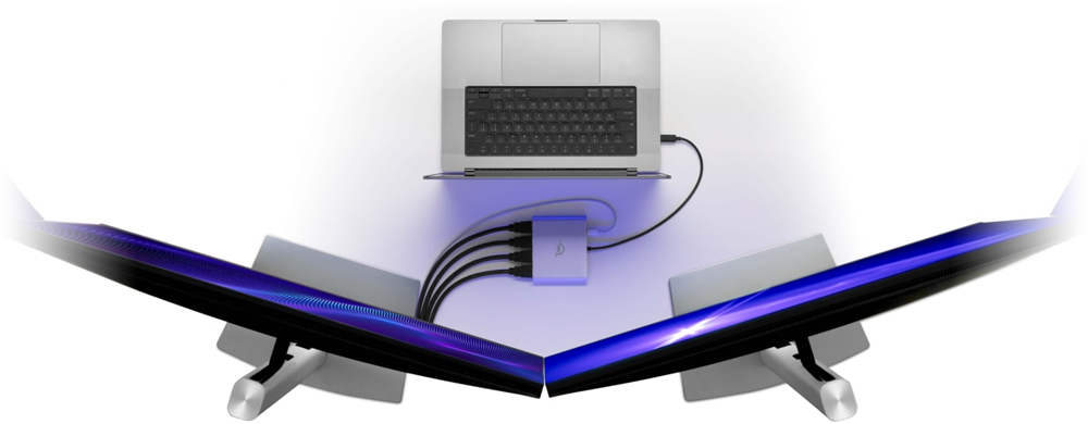 laptop connected to the OWC usb c adapter and monitors